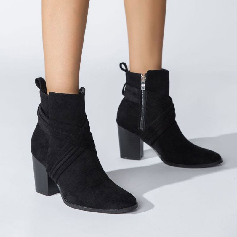 Crisscross Strap Pointed Toe Block Heel Suede Ankle Boots - Black