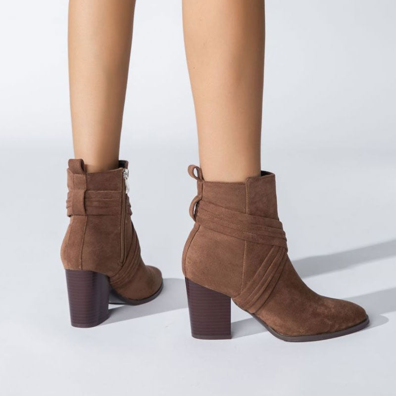 Crisscross Strap Pointed Toe Block Heel Suede Ankle Boots - Brown