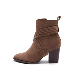 Crisscross Strap Pointed Toe Block Heel Suede Ankle Boots - Brown