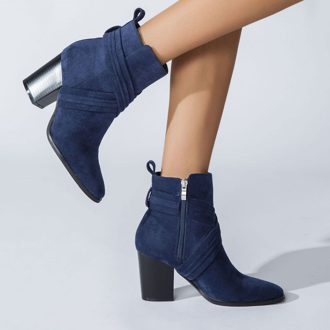 Crisscross Strap Pointed Toe Block Heel Suede Ankle Boots - Navy Blue