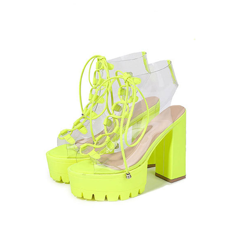 PVC Lace Up Peep Toe Lug Sole Chunky High Heel Platform Boots - Green