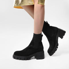 Round Toe Lug Sole Suede Knit Sock Ankle Boots - Black