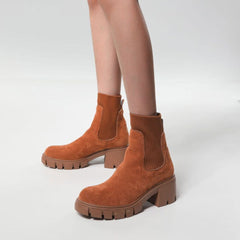 Round Toe Lug Sole Suede Knit Sock Ankle Boots - Brown