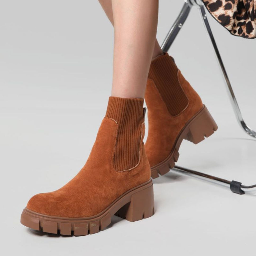 Round Toe Lug Sole Suede Knit Sock Ankle Boots - Brown