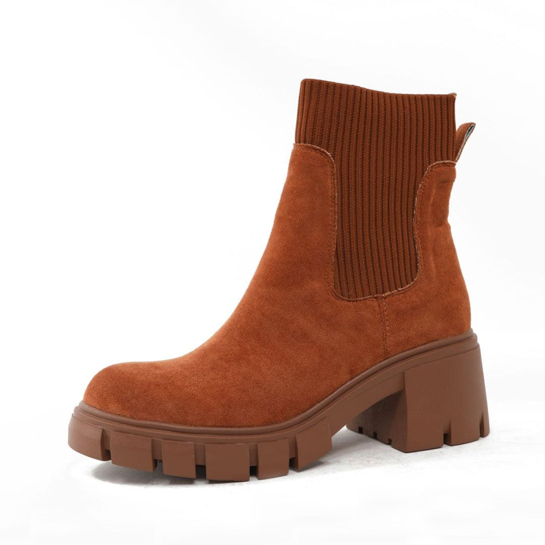 Round Toe Lug Sole Suede Knit Sock Ankle Boots - Brown