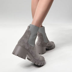 Round Toe Lug Sole Suede Knit Sock Ankle Boots - Gray