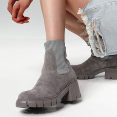 Round Toe Lug Sole Suede Knit Sock Ankle Boots - Gray