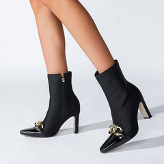 Metal Chain Pointed Toe High Heel Sock Ankle Boots - Black