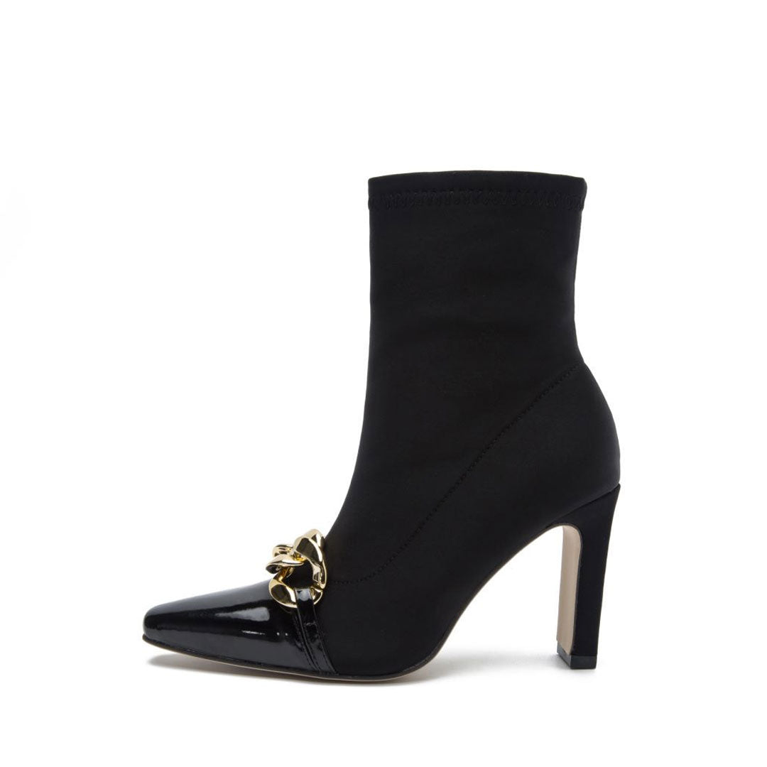 Metal Chain Pointed Toe High Heel Sock Ankle Boots - Black