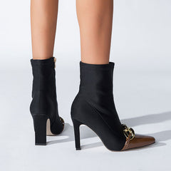 Metal Chain Pointed Toe High Heel Sock Ankle Boots - Chocolate