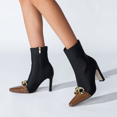 Metal Chain Pointed Toe High Heel Sock Ankle Boots - Chocolate