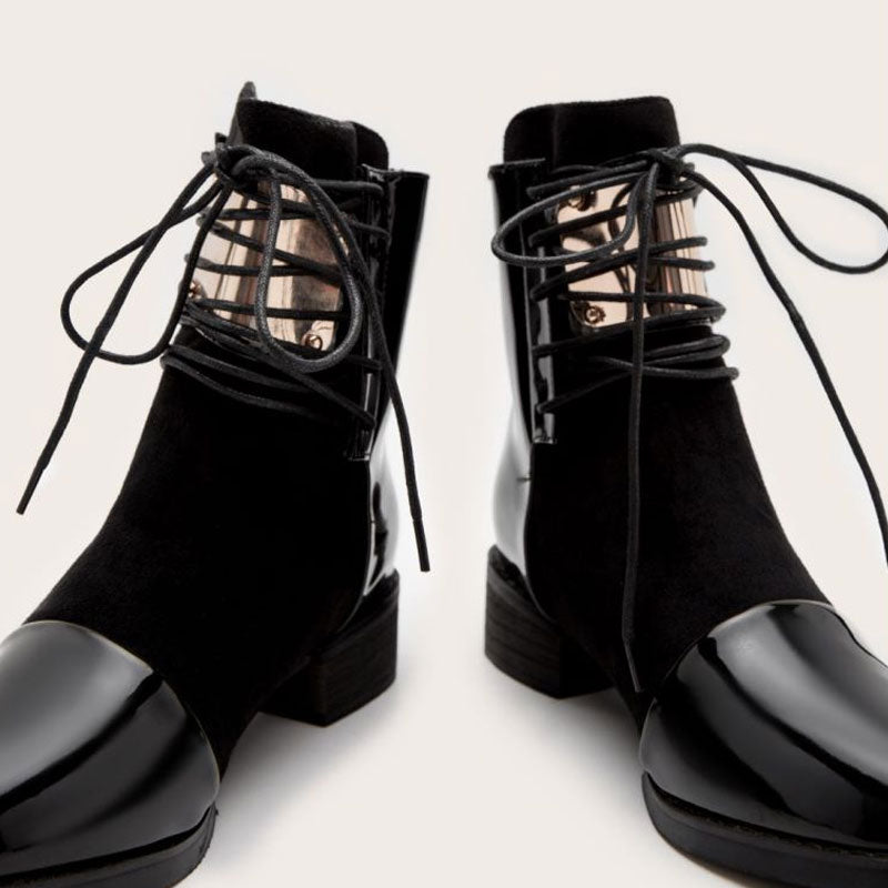 Panel Metal Trim Lace Up Ankle Boots - Black