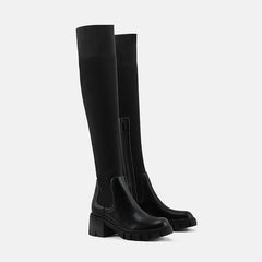 Panel Trim Lug Sole Chunky Heel Knit Knee High Sock Boots - Black