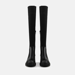 Panel Trim Lug Sole Chunky Heel Knit Knee High Sock Boots - Black