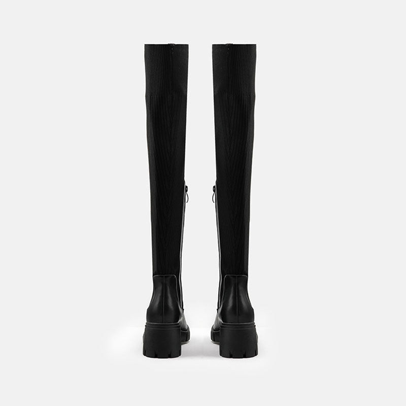 Panel Trim Lug Sole Chunky Heel Knit Knee High Sock Boots - Black