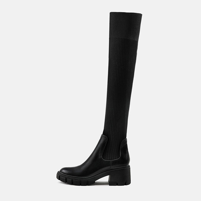 Panel Trim Lug Sole Chunky Heel Knit Knee High Sock Boots - Black