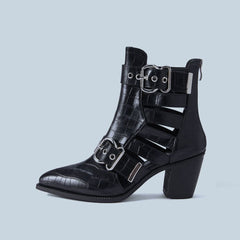 Crocodile Embossed Cutout Trim Buckle Block Heel Ankle Boots - Black