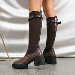 Futurecen- Two Tone Strap Decor Chunky Heeled Knit High Boots