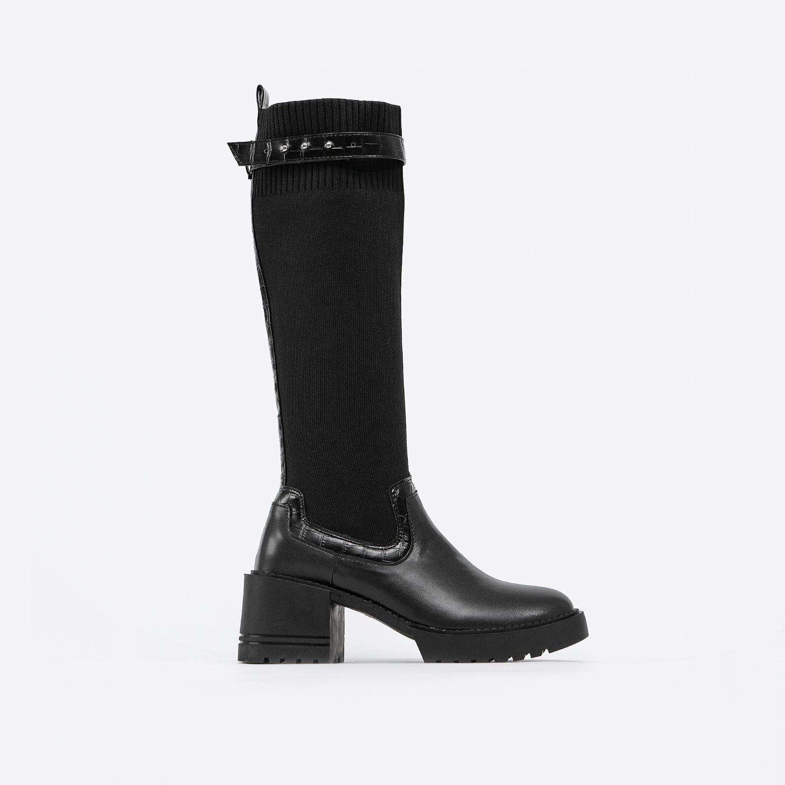 Futurecen- Two Tone Strap Decor Chunky Heeled Knit High Boots