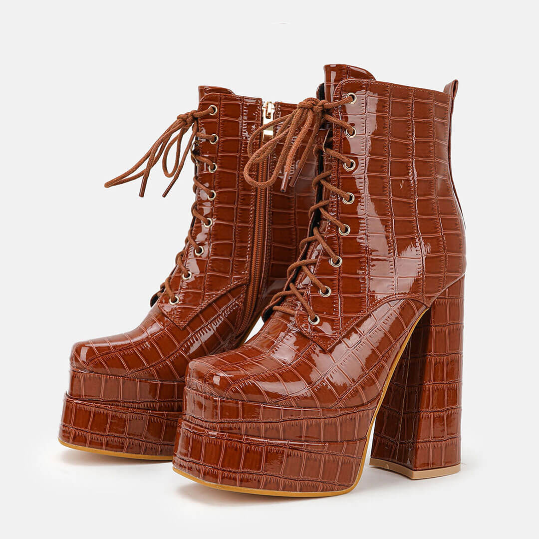 Embossed Croco Trim Lace Up Chunky Platform Ankle Boots - Brown