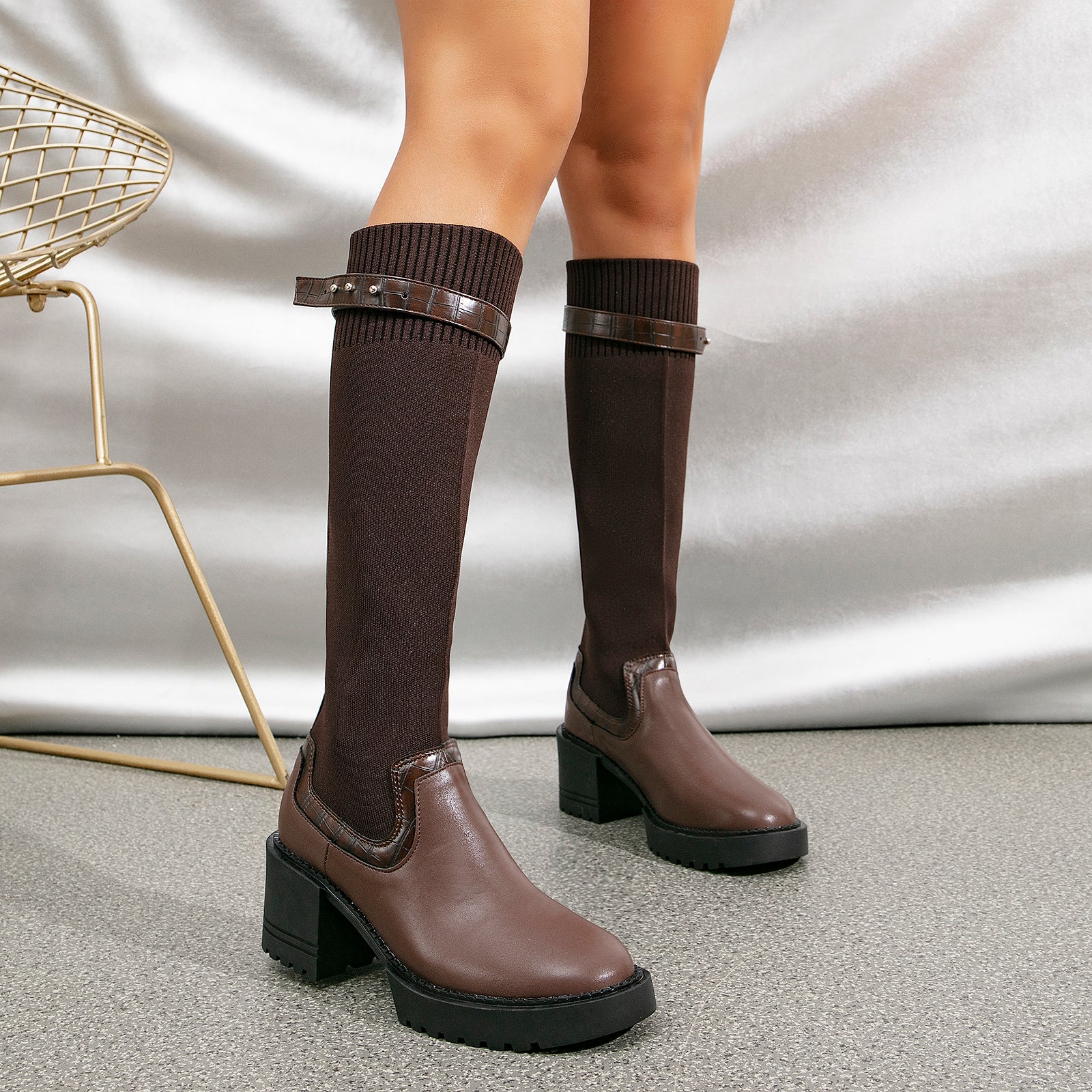 Futurecen- Two Tone Strap Decor Chunky Heeled Knit High Boots