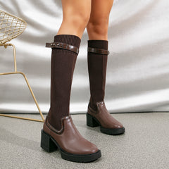 Futurecen- Two Tone Strap Decor Chunky Heeled Knit High Boots