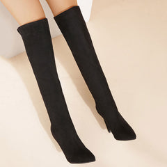 Suede Pointed Toe High Heel Knee High Boots - Black