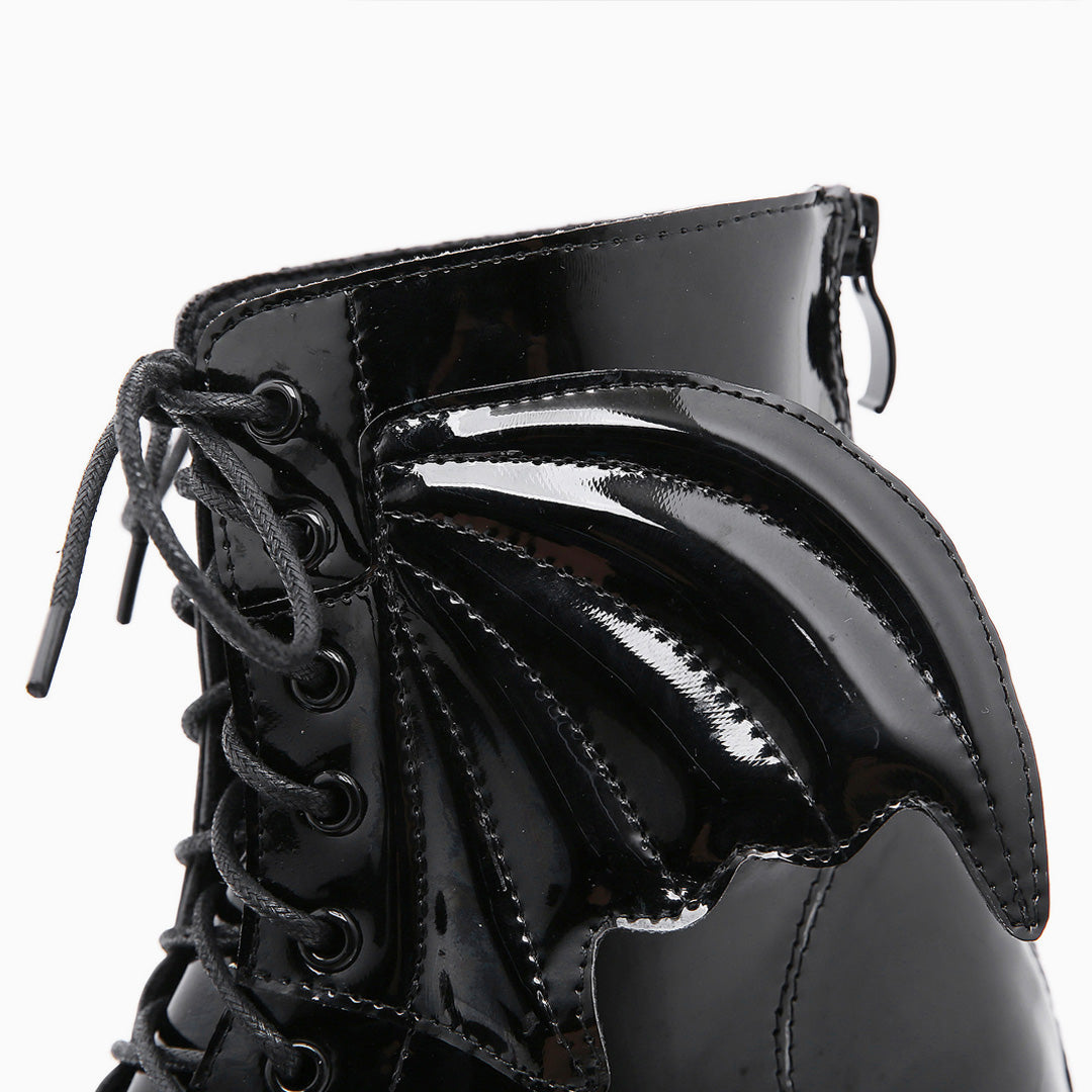 Playful Wing Lace Up Zip Back Chunky Heel Platform Boots - Black