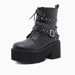 Gothic Studs Buckle Strap Chain-Link Platform Boots - Black