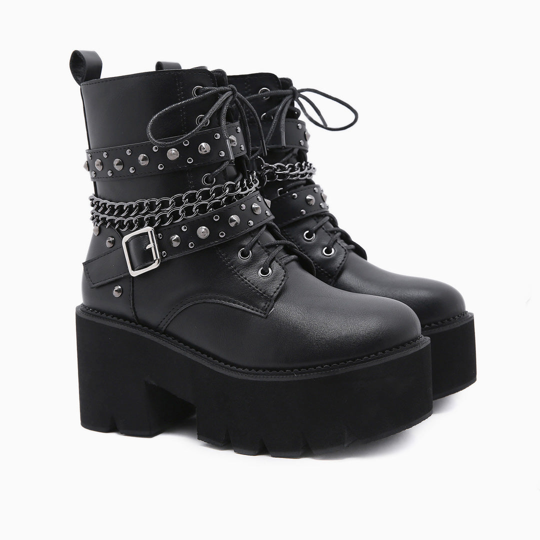 Gothic Studs Buckle Strap Chain-Link Platform Boots - Black