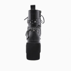 Gothic Studs Buckle Strap Chain-Link Platform Boots - Black