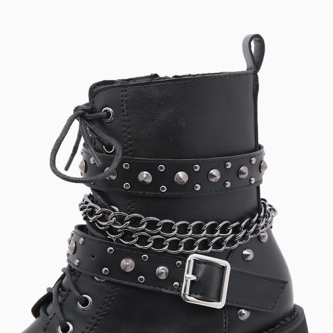 Gothic Studs Buckle Strap Chain-Link Platform Boots - Black