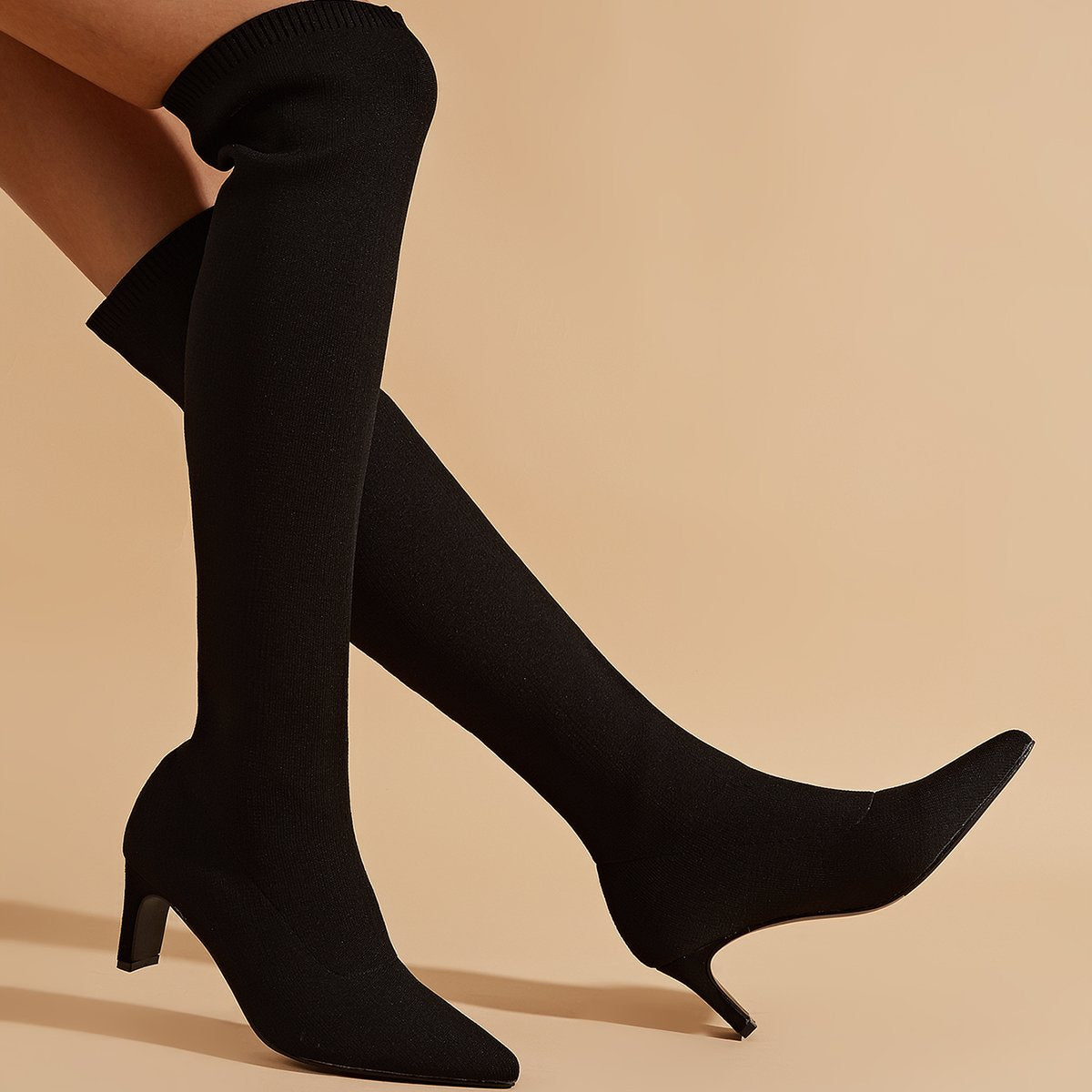 Knee-high Pointed Toe Fine Heel Sock Boots