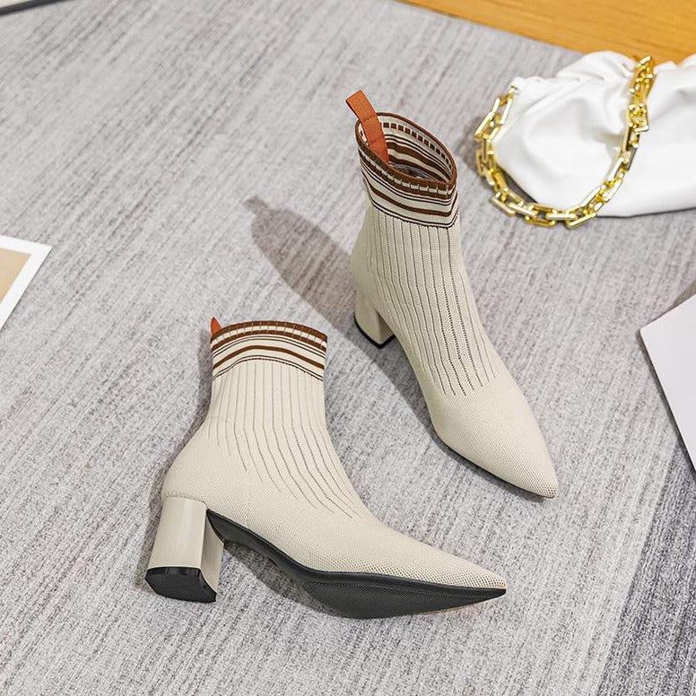 Futurecen-Pointed Toe Chunky Heel Sock Boots