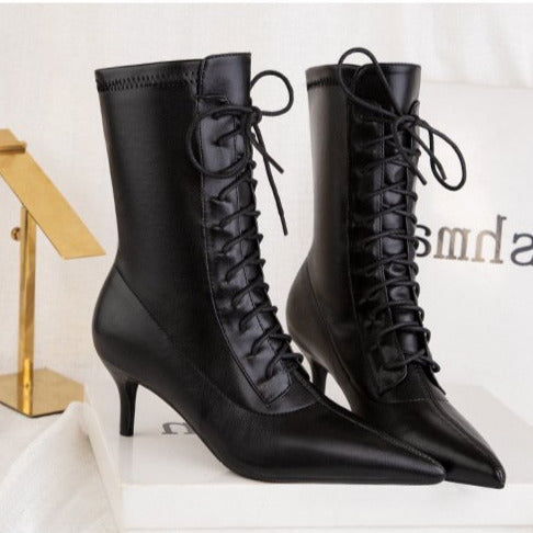 Women Lace-Up Pointed Toes Ankle Boots