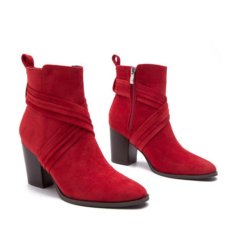 Women Suede Thick Heeled Side Zipper Boots