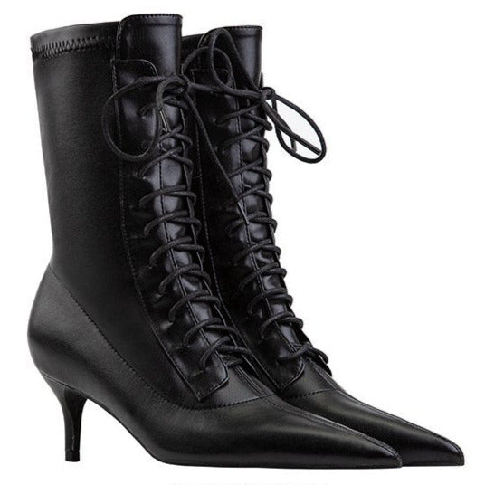 Women Lace-Up Pointed Toes Ankle Boots