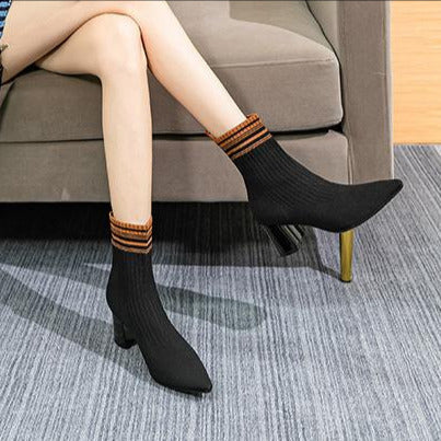 Futurecen-Pointed Toe Chunky Heel Sock Boots