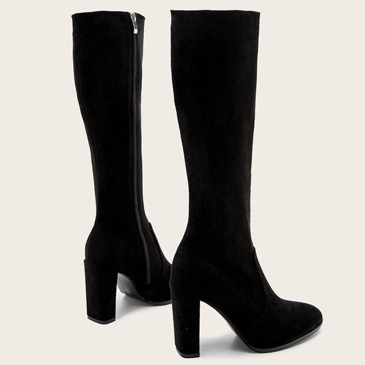 Women Chunky High Heeled Retro Side Zip Below Knees Boots