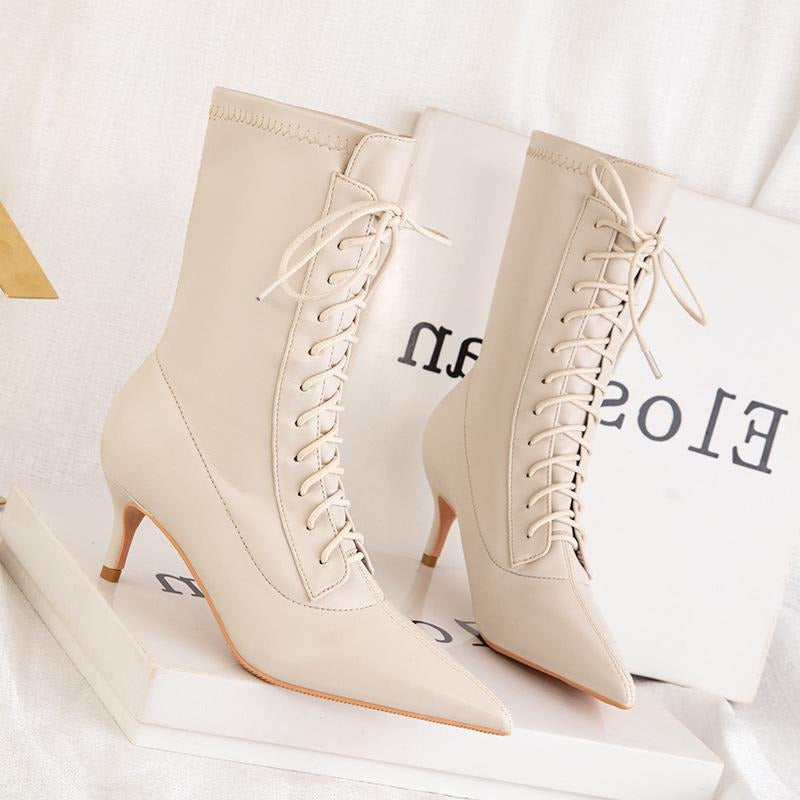 Women Lace-Up Pointed Toes Ankle Boots