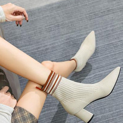 Futurecen-Pointed Toe Chunky Heel Sock Boots