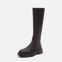 Toe Panel Trim Chunky Platform Knee High Boots - Black