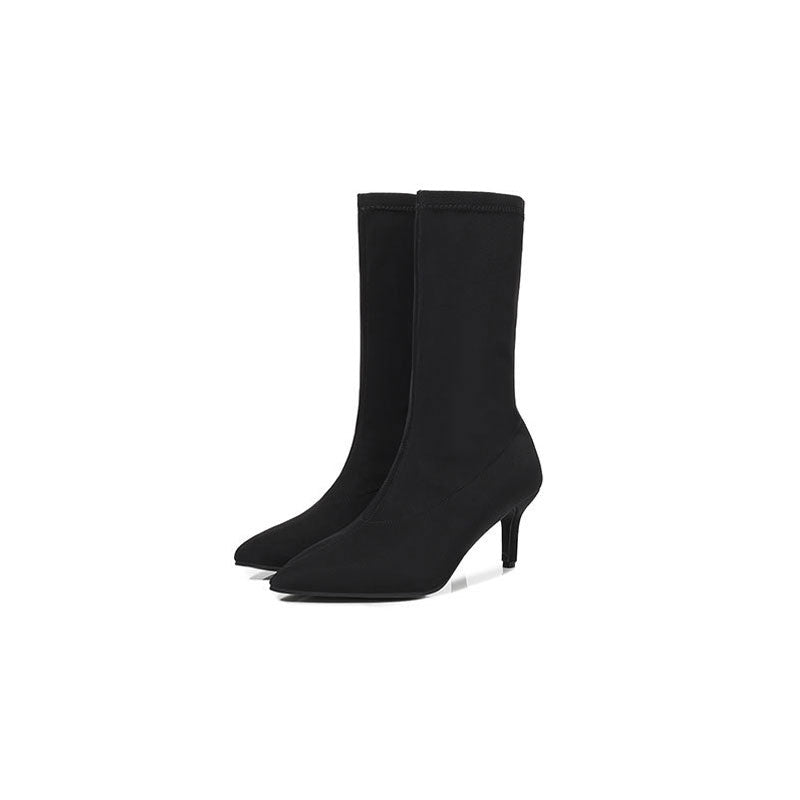 Pointed Toe High Heel Sock Ankle Boots - Black