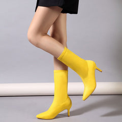 Pointed Toe High Heel Sock Ankle Boots - Yellow