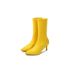 Pointed Toe High Heel Sock Ankle Boots - Yellow