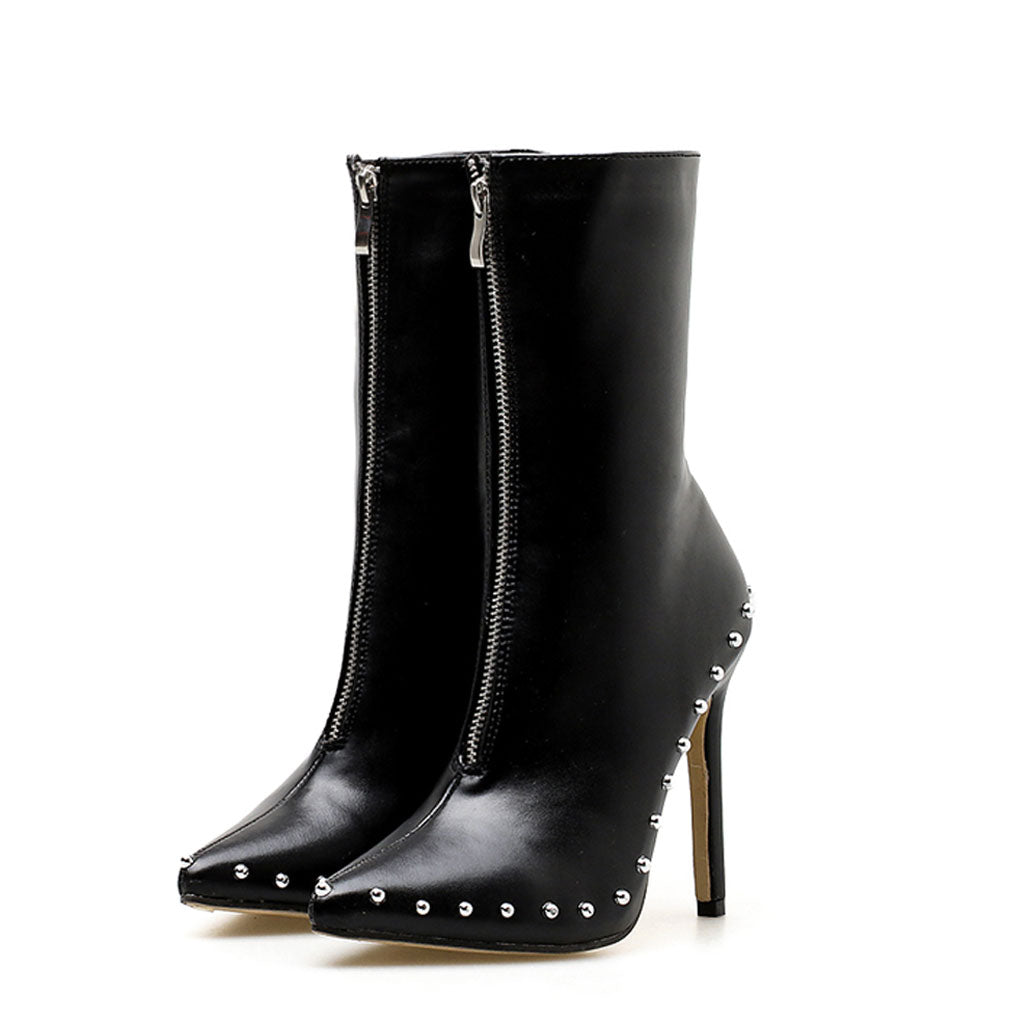 Bead Trimmed Pointed Toe Zip Front Ankle Boots - Black