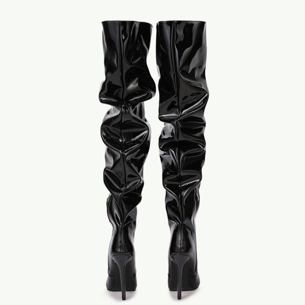 Pointed Toe Stiletto Heel Leather Thigh High Boots - Black