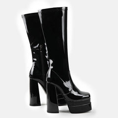 Patent Leather Square Toe Chunky Platform Knee High Boots - Jet Black