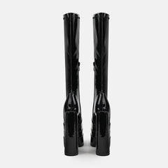 Patent Leather Square Toe Chunky Platform Knee High Boots - Jet Black