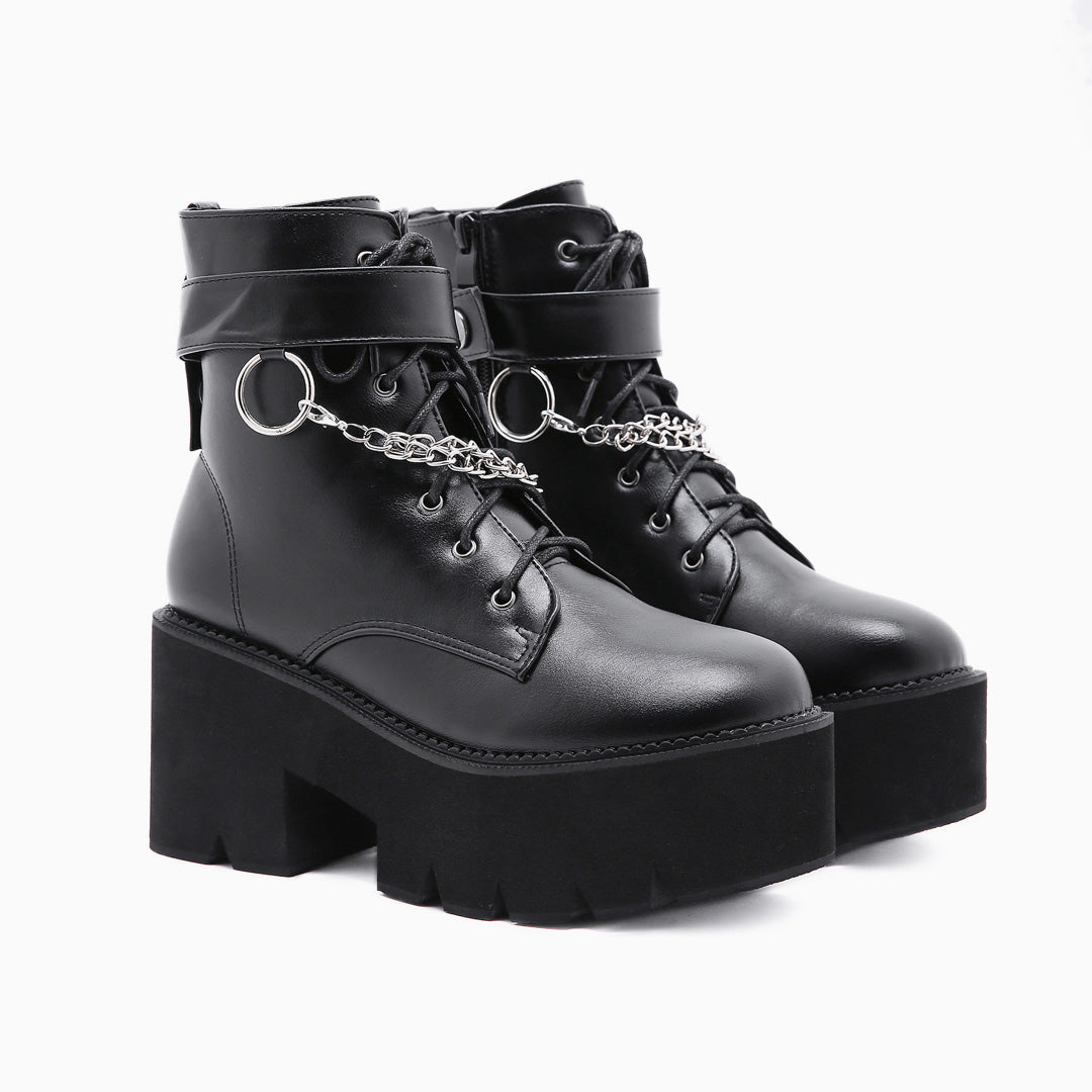 Chain-Link Strap Lace Up Chunky Heel Platform Boots - Black